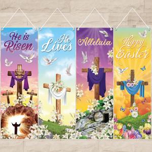 Moukeren 4 Pcs Easter Church Banners with Scripture Religious Worship Banner Christian Jesus Porch Sign He Is Risen Hanging Backdrops for Easter Spring Indoor Outdoor Sanctuary Wall Decor