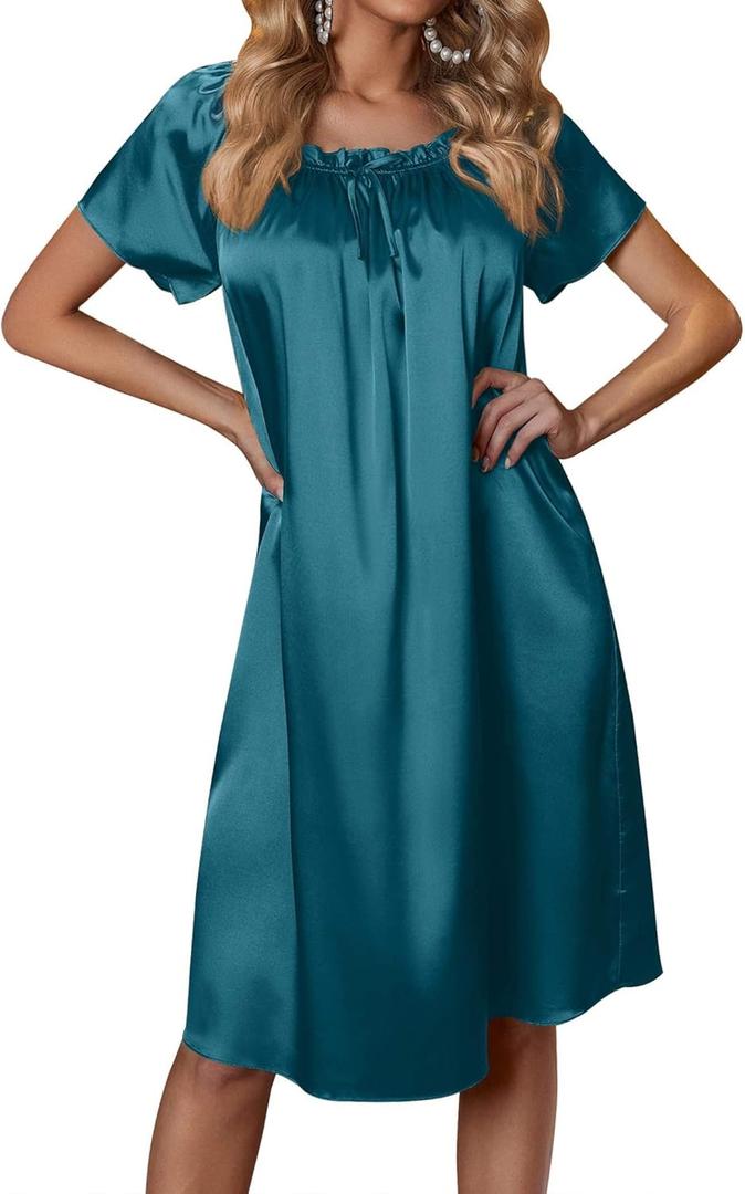 Ekouaer Women's Satin Silk Pleated Nightgown Loose Sleepwear Printed Nightshirt Short Sleeve Sleep Dress (Blue Green), M