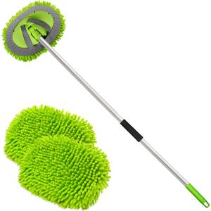 anngrowy 62" Microfiber Car Wash Brush Mop Kit Mitt Sponge with Long Handle Car Cleaning Supplies Kit Duster Washing Car Tools Accessories, 1 Chenille Scratch-Free Replacement Head Aluminum Alloy Pole (Green)
