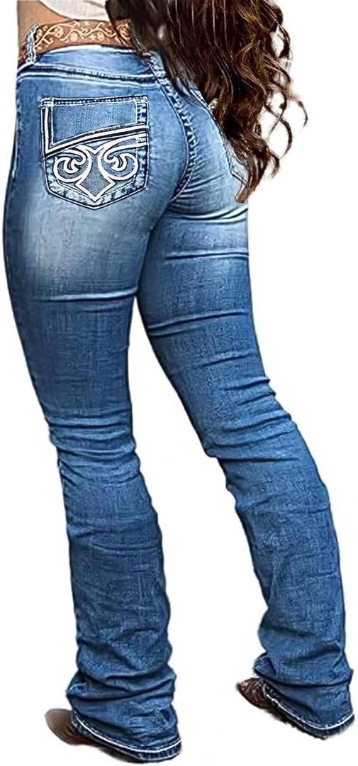 Flamingals Boot Cut Jeans for Women Trendy Stretch Jeans Butt Lifting Tummy Control Denim Pants Sea Blue, L