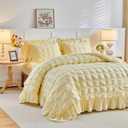 Tititada Yellow Plaid Seersucker Comforter Set with Ruffled Fringe King Size, 3 Pieces Lightweight Soft Fluffy Farmhouse Bedding Set for All Season, King Bed Set with Ruffle Shams (Yellow, King)