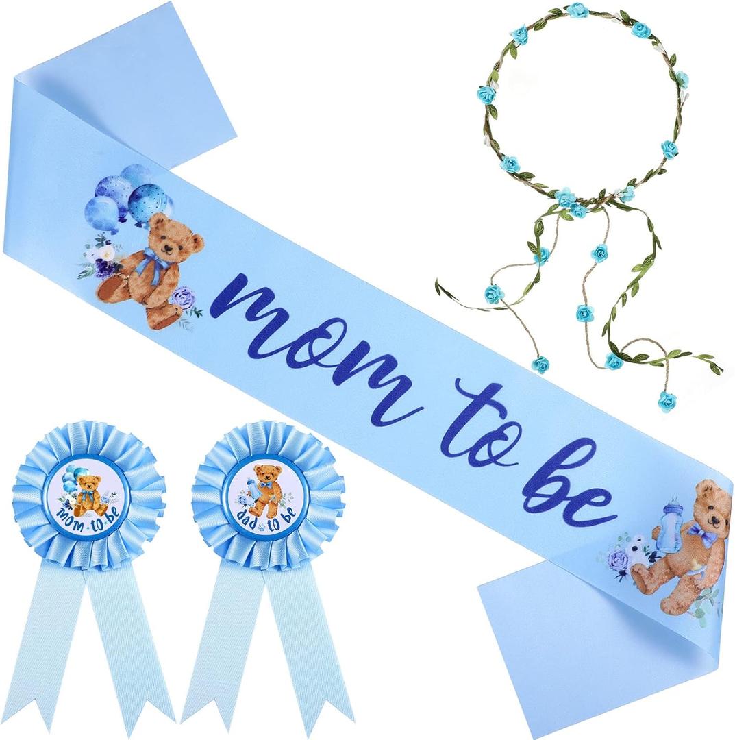 Tiamon Bear Theme Mom to Be Sash Baby Shower Dad to Be Pin and Flower Crown Headband for Gender Reveals Party Baby Shower Party Favors Decorations for Boys and Girls Pregnancy Props(Classic,Blue)
