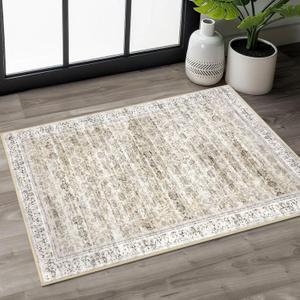 2x3 Beige Yellow White Washable Rugs Soft Area Rug for Door mat Indoor, Non-Slip Indoor Door Mat Distressed Floral Low-Pile Neutral Vintage Carpet for Entrance Kitchen Farmhouse