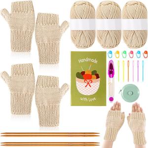 GliCraft Knitting Kit for Beginners Learn to Knit Kit for Adults Gloves Starter Bundle with Step-by-Step Instructions Includes Wool Yarn, Needles & Accessories(Beige)