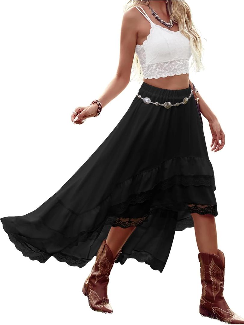 Verdusa Women's Western Boho Lace Ruffle Skirt Asymmetrical Country Cowgirl Skirts (Medium, Black)
