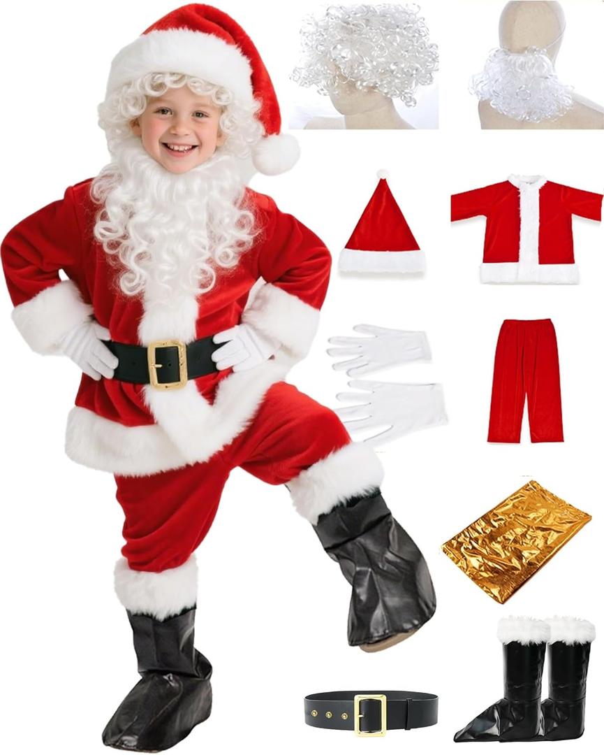 BERVYOSW Santa Costume for Kids 9 PCS Boys Santa Suit Set Youth Santa Costume for Halloween Christmas Holiday Cosplay Party (Medium)