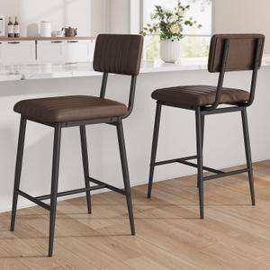 IDEALHOUSE Bar Stools Set of 2 w/Back & Footrest, Counter Height Bar Stools Set of 2 with Thick Cushion & Thickened Metal Legs, Upholstered Counter Height Bar Stools for Island, Counter BarBrown