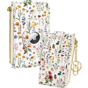 Cute Card Wallet Women with AirTag Holder - Retro Floral Genuine Leather Small Wallets with Keychain RFID Credit Cardholder Air Tag Aesthetic Coin Purse for Female Ladies Teen Girls