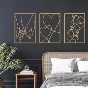 3 Pieces Metal Minimalist Line Wall Art, Valentine's Day Lover Kiss Hand Metal Wall Decor, Aesthetic Modern Home Hanging Wall Art Decor for Bedroom Bathroom Living Room (Gold)