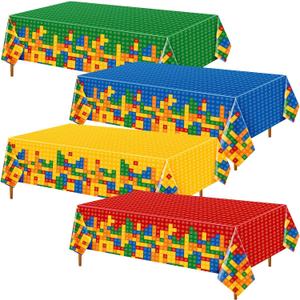 Oudain 4 Pcs Building Block Tablecloths - Colorful Birthday Party Decorations 54 x 108 Inch Disposable Plastic Brick Table Cover - Waterproof Themed Party Supplies (Multicolor)