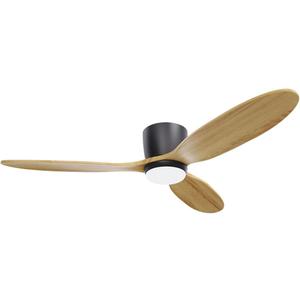 Flush Mount Ceiling Fan with Light, 52 inch Low Profile Ceiling Fans with Remote for Outdoor/Patios, 3 Color Light, 6 Speed, DC Motor, Wood and Modern Matte Black