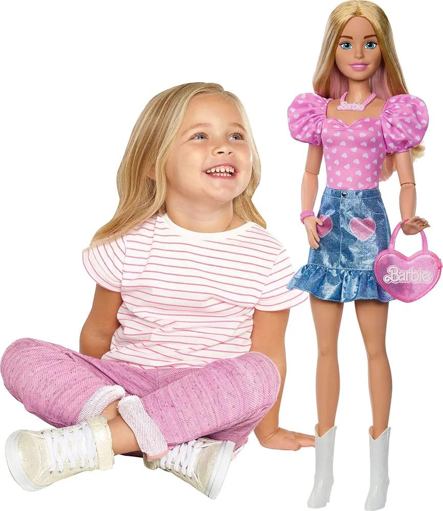 Barbie 28-in Blonde Fashion Doll with Removable Fashions, Pink Top, Denim Skirt, & Cowboy Boots, Necklace and Purse Accessory