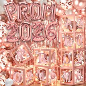 100Pcs Pink Prom Decorations 2026 - Prom 2026 Balloon Boxes Balloon Banner Foil Fringe Curtain with LED Lights Prom Send Off Decorations 2026 (Pink Rose Gold)