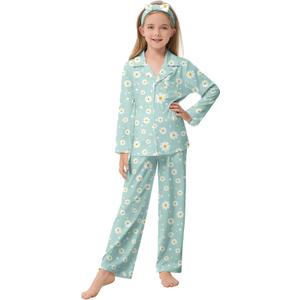 CARETOO Kids Pajamas Girl Button down Long Sleeve Long Pants with Headband Girls' Pajama Sets Green Daisy Nightwear Sleepwear Gift Girls Pajamas Size 10-12