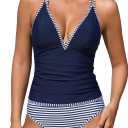 ZAFUL Womens Tankini Swimsuits V Neck Push Up Swim Top Color Block Tummy Control High Waisted Bathing Suits Swim Bottom (Blue, M)