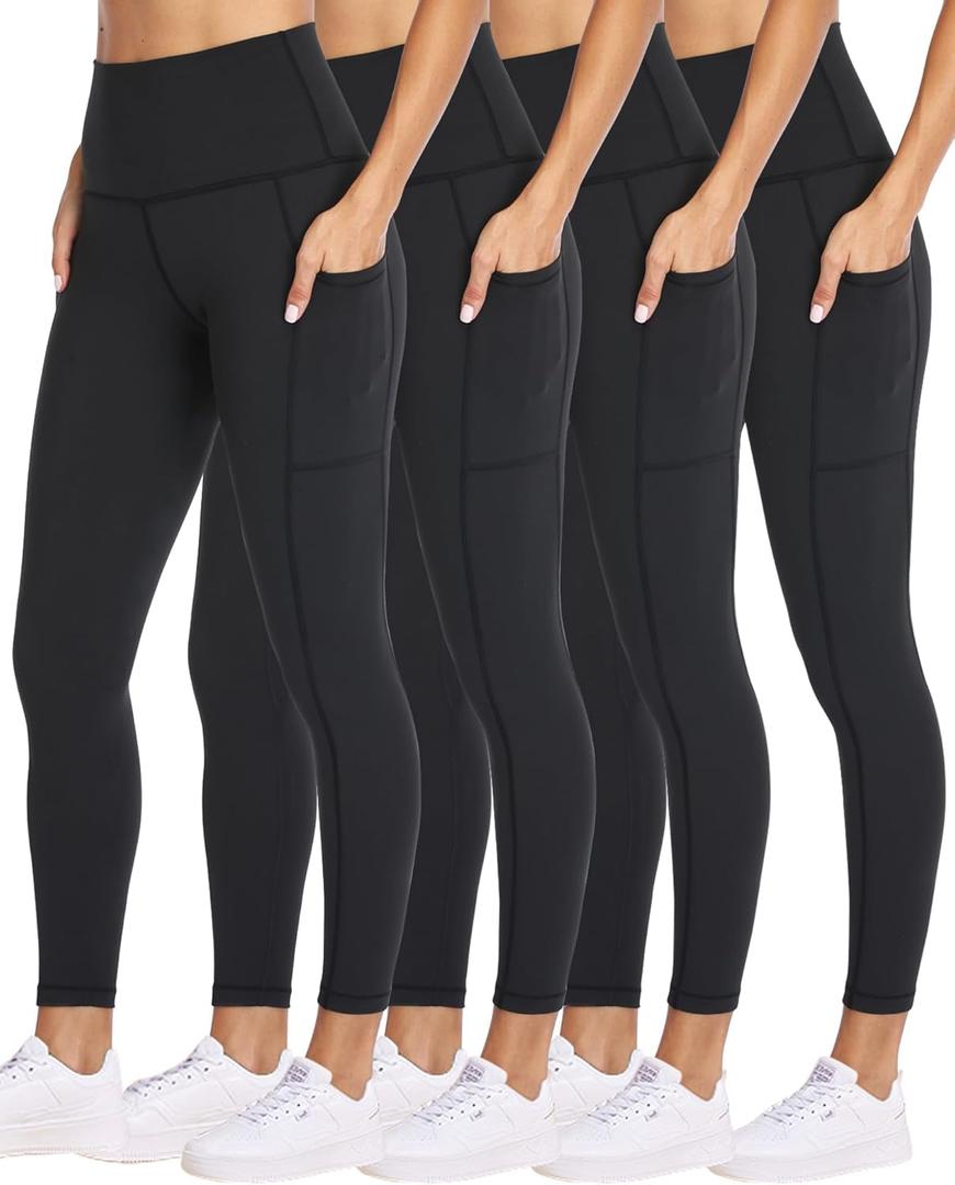 NexiEpoch 4 Pack Leggings for Women with Pockets- High Waisted Tummy Control for Workout Running Capri Yoga Pants (Small-Medium, 1#black*4)