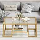 Wolawu Coffee Table Gold Glass Coffee Table for Living Room,2 Tiers Rectangle Center Table with Ribbed Glass Top and Sturdy Metal Frame,Modern Glass Accent Table for Bedroom Home Office, 39.3 x 18.89 x 17.71 inches