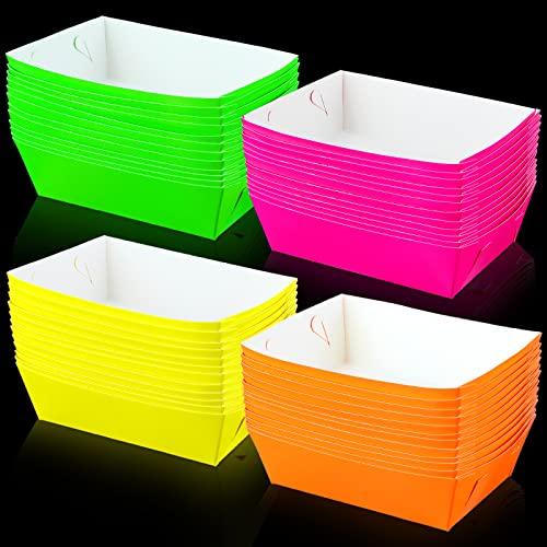 Hoolerry 48 Pcs Neon Glow Party Paper Food Trays Snack Boats for Candy, Popcorn, Nacho, Hot Dog Serving Bowl for Food Buffet Party Supplies Decor(Novelty Colors)