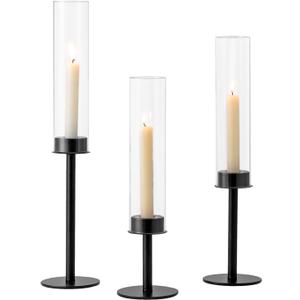 Hewory Black Candlestick Holders Hurricane Candle Holder, 3Pcs Candle Stick Candle Holder Candelabra, Taper Candle Holders with Glass Candle Cover for Wedding Table Centerpiece Christmas Decor