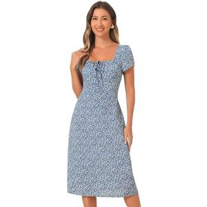 Allegra K Retro Dress for Women's Cherry Print Square Neck Drawstring Midi Dress, M