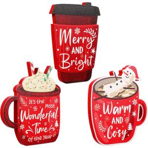 3 Pieces Christmas Tiered Tray Decor Wooden Block Signs Xmas Coffee Hot Cocoa Wood Sign Warm Winter Season Drinks Table Centerpieces Marshmallow Center Snowmen Tabletop Decorations for Holidays
