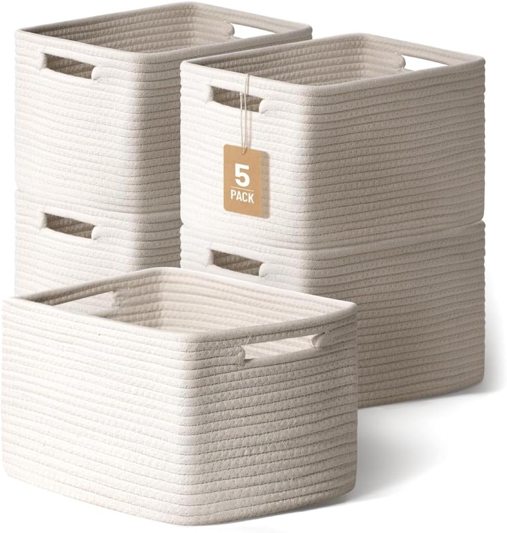 5 Pack White Woven Storage Baskets for Shelves, Decorative Basket Organizer Storage Bins for Toys, Books, Clothes, Closet, Nursery, Bathroom – Cotton Rope Shelf Baskets for Organizing and Decor