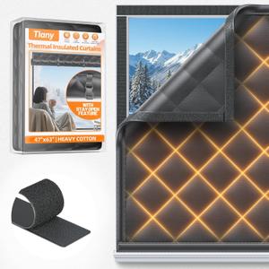 Window Insulation Kit for Winter 47"x63" Cold Weather Thermal Curtain with Heavy Cotton, Insulated Window Cover for Winter & Windows Draft Blocker for Winterizing Windows in Home RV BasementBlack