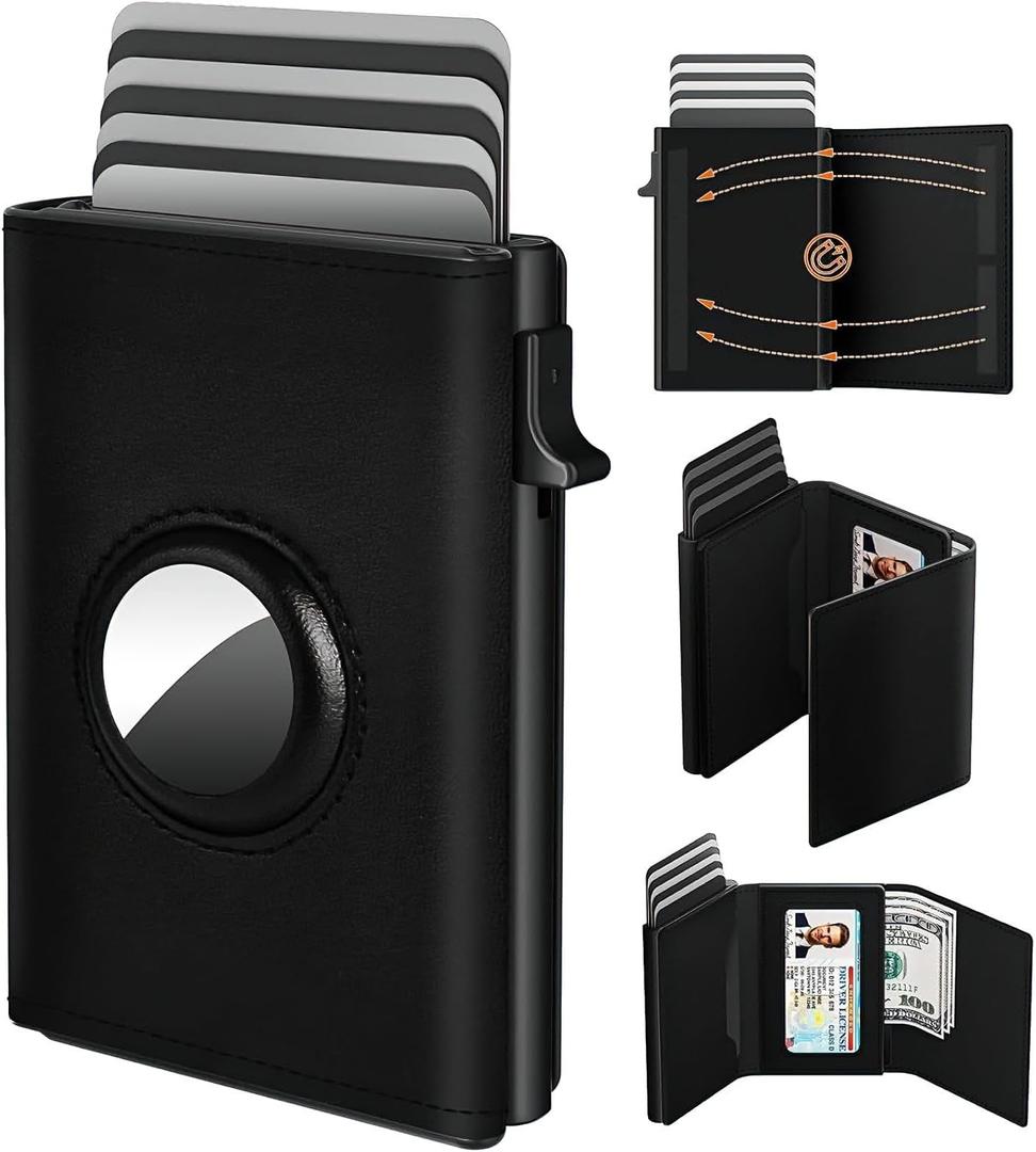 Wallet for Men Credit Card Holder for Men Air Tag Rfid Blocking Card Mens Wallet Leather Pop Up Aluminum Case Black Trifold Magnetic Money Clip Gifts for Him