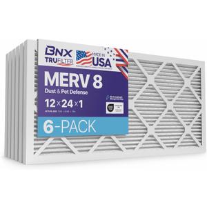 BNX TruFilter 12x24x1 Air Filter MERV 8 (6-Pack) - MADE IN USA – Dust & Pet Defense Electrostatic Pleated Air Conditioner HVAC AC Furnace Filters for Dust, Pet, Mold, Pollen MPR 600 – 700 & FPR 5