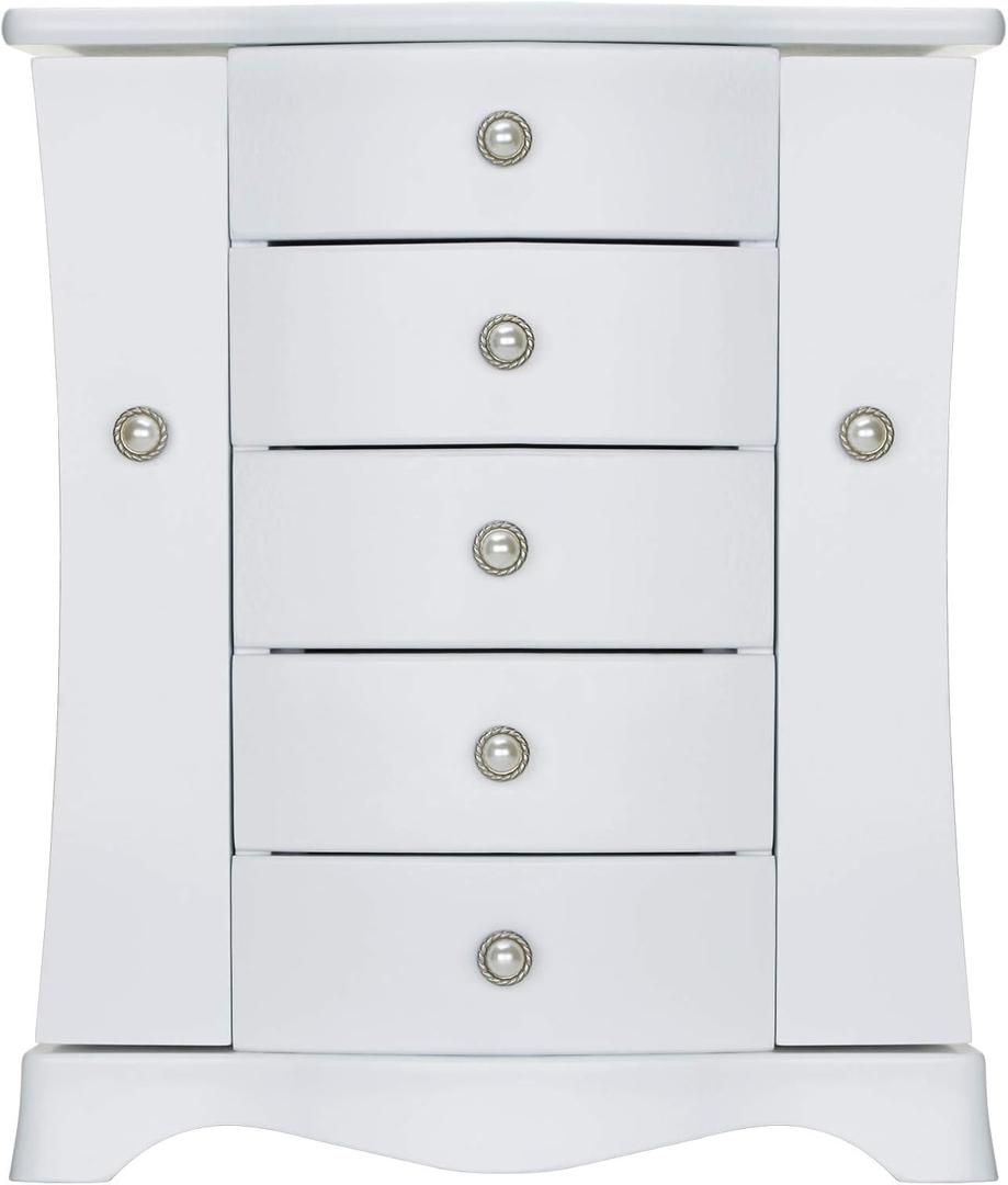 RR ROUND RICH DESIGN Jewelry Box - Made of Solid Wood with 4 Drawers Organizer and Built-in Necklace Carousel and Large Mirror White