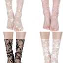 Bencailor 4 Pairs Women Sheer Slouch Socks Lace Mesh Novelty Decorated Nylon Loose Ankle High (One Size, Black, White, Apricot, Pink)