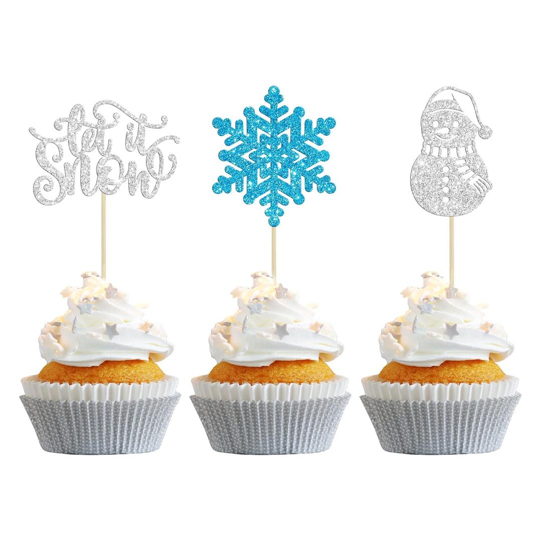 Gyufise 24Pcs Snowflake Cupcake Toppers Glitter Let it Snow Snowman Frozen Cake Food Picks Decorations for inter Wonderland Wedding Anniversary Decorations Bridal Shower Party Supplies (Blue Silver-2)