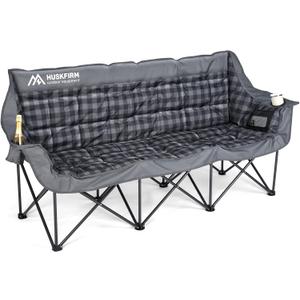 3 Person Camping Chair Padded Loveseat Camping Chair Folding Camping Couch Portable Double Camping Chairs Heavy Duty Camp Chair for Adults Outdoor Lawn with Two Cup Holders and Carry Bag (Grey)