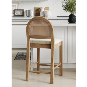 Nathan James Bailey Boucle Upholstered Rattan Bar Stool, Counter Height Stool with Natural Rattan Woven Back For Kitchen Island, Light Brown, Count of 1