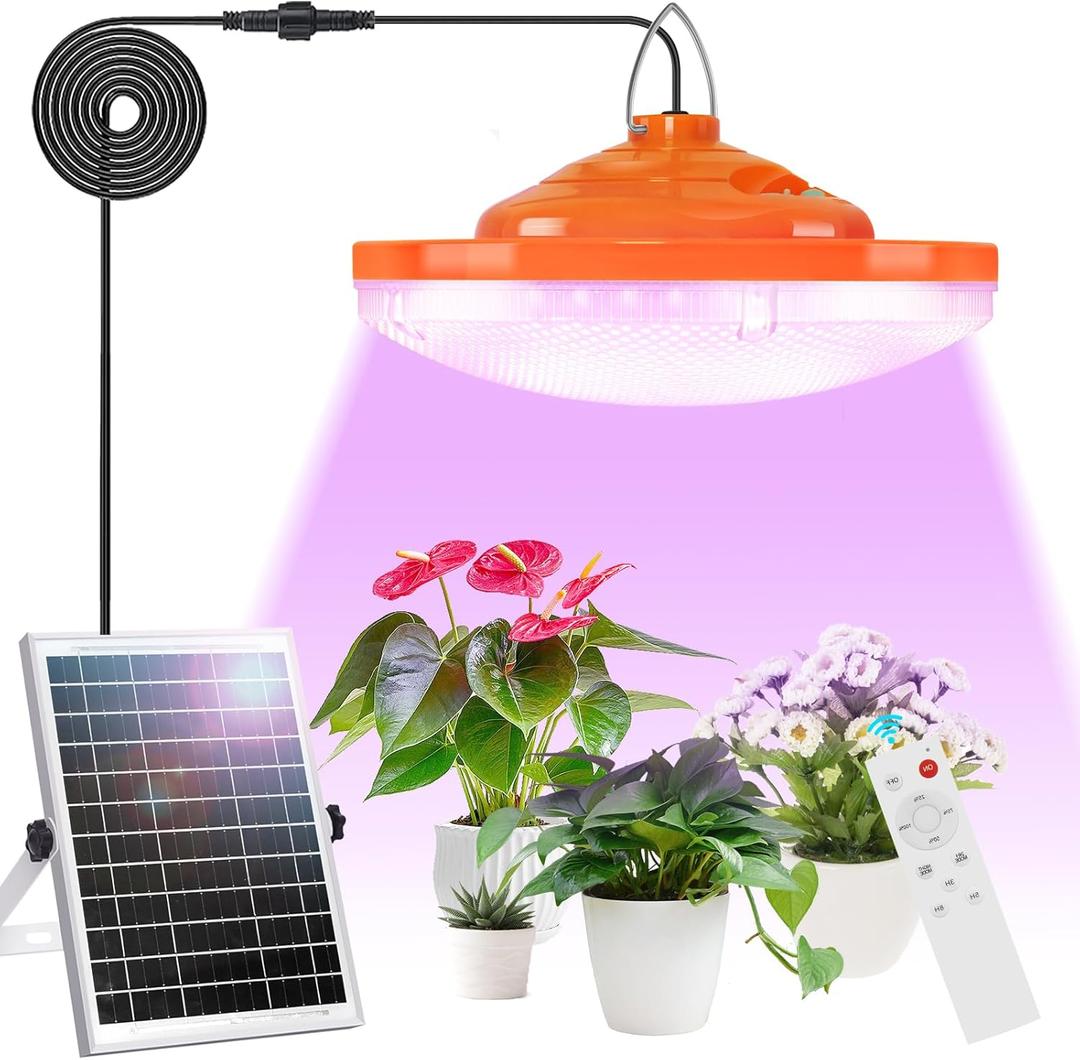 Solar Plant Grow Light Outdoor Indoor Run Day/Night, 96 LED Full Spectrum Solar Hanging Plant Light with Remote Control,16.4FT Cable/USB Charging/Timer for All Stage Plants