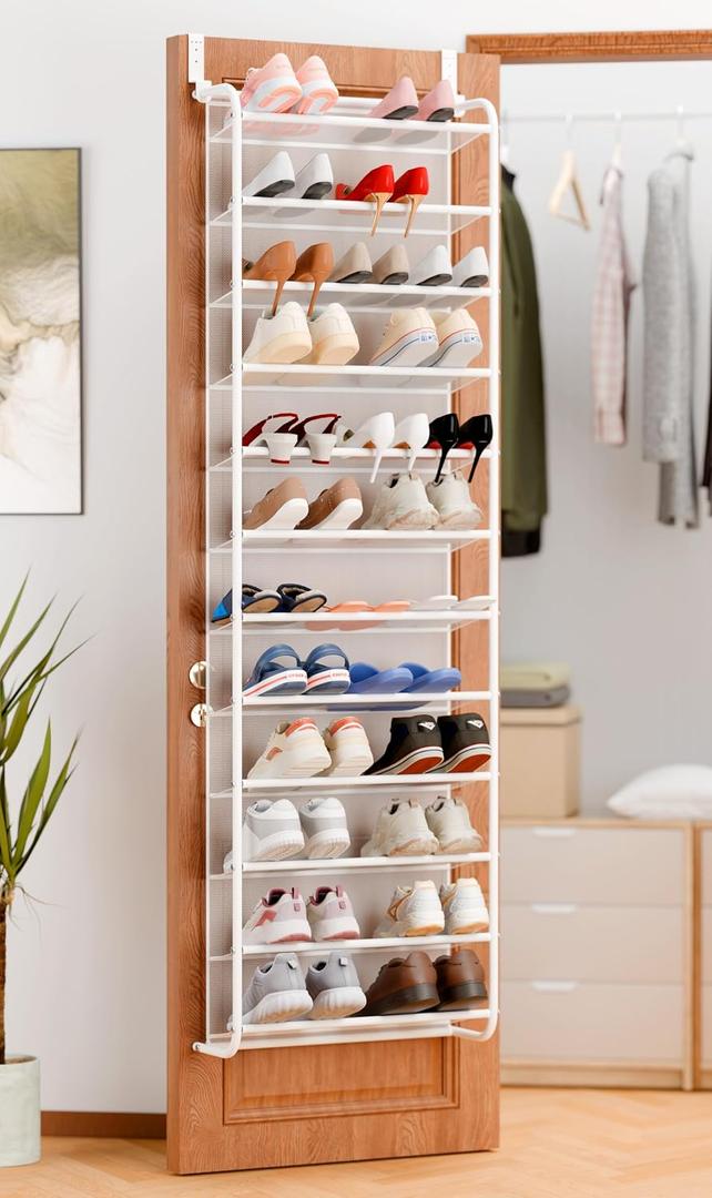 Whitmor 36 Pair Over the Door Shoe Rack,12 Tier Hanging Shoe Organizer with Metal Frame & Mesh Shelves, Heavy Duty Shoe Storage Holder for Door, No Drill Installation, 74" H x 21.7" W x 7.5" D, White
