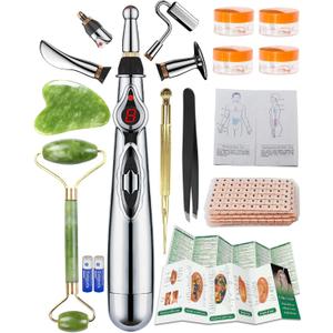 Acupuncture Super Set: 5-Head Electronic Acupuncture Pen+ Gua Sha Tool+600 Ear Seeds+ Retractable Acupuncture Pen+ 4 x Extra Massaging Gel+ Tweezers + Manual+ Batteries + 2 x Acupoint Chart (Acupuncture Set(with Chart))