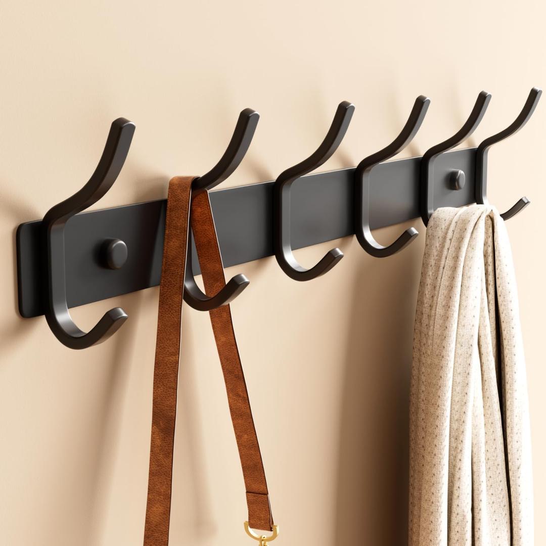 Black Coat Rack Wall Mount - 15 Inch Arc Shaped Design with 6 Hooks for Hanging Coats, Bags, and Towels in Entryway, Livingroom, Bedroom, Bathroom, and Kitchen, 1 Pack