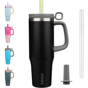 BJPKPK Insualted Tumblers with Handle and Straw 40oz Stianless Steel Travel Coffee Mug Thermal Cups with Lid,Black