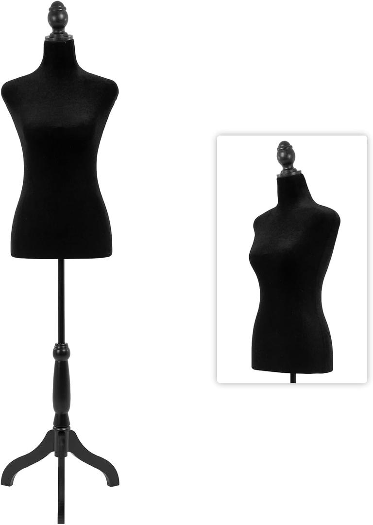 Mannequin Body Dress Form Torso 49.6-63.4 Inch Height Adjustable Female Model Wooden Tripod Stand High Density Foam Portable Display Showcase (Black)
