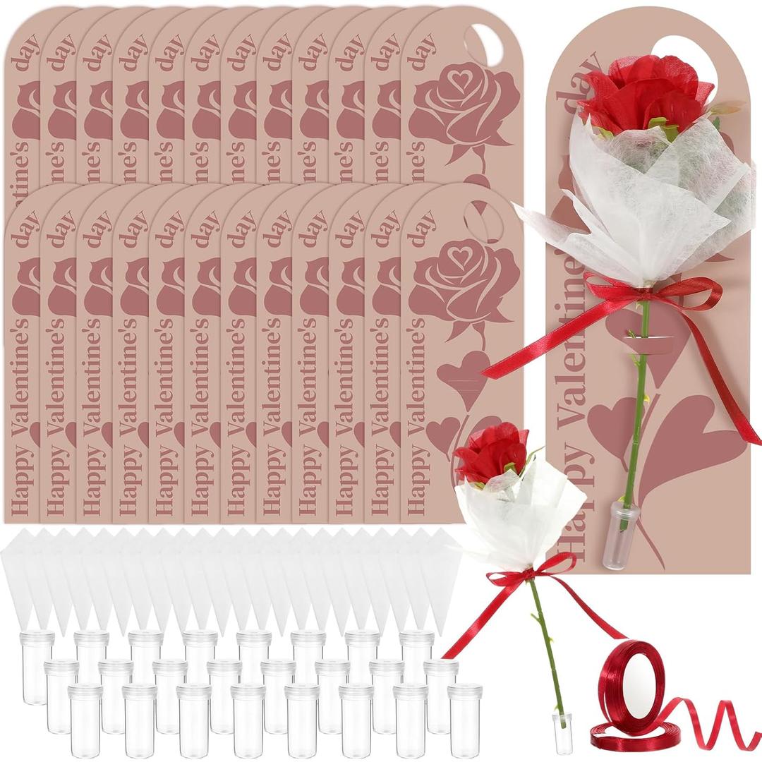 Eaasty 24 Set Mother's Day Themed Single Rose Card Sleeve Gift Packaging Flower Holder with Floral Water Tubes Ribbon Floral Tissue Paper for Rose Packing