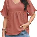 Womens Summer Tops V Neck Ruffle Half Sleeve Blouses Cute Lace Peplum Shirts Casual Boho Babydoll Clothing 2025 (L)