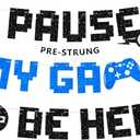 Pre-Strung Video Game Birthday Decorations, NO DIY I Paused My Game To Be Here Banner, Glitter Gaming Birthday Banner Gamer Theme Party Supplies