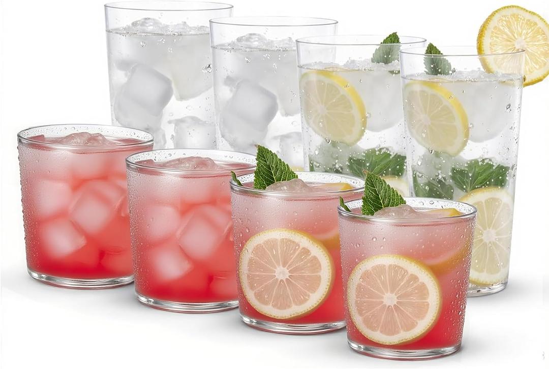 Liacere Drinking Glasses Set of 8, 17 oz Highball Plastic Glasses & 14oz Cocktail Plastic Glasses Set, Kitchen Water Glasses Cup, Bar Tumbler Glassware Set for Beer, Juice, Cocktail, Whiskey, Milk (Clear)