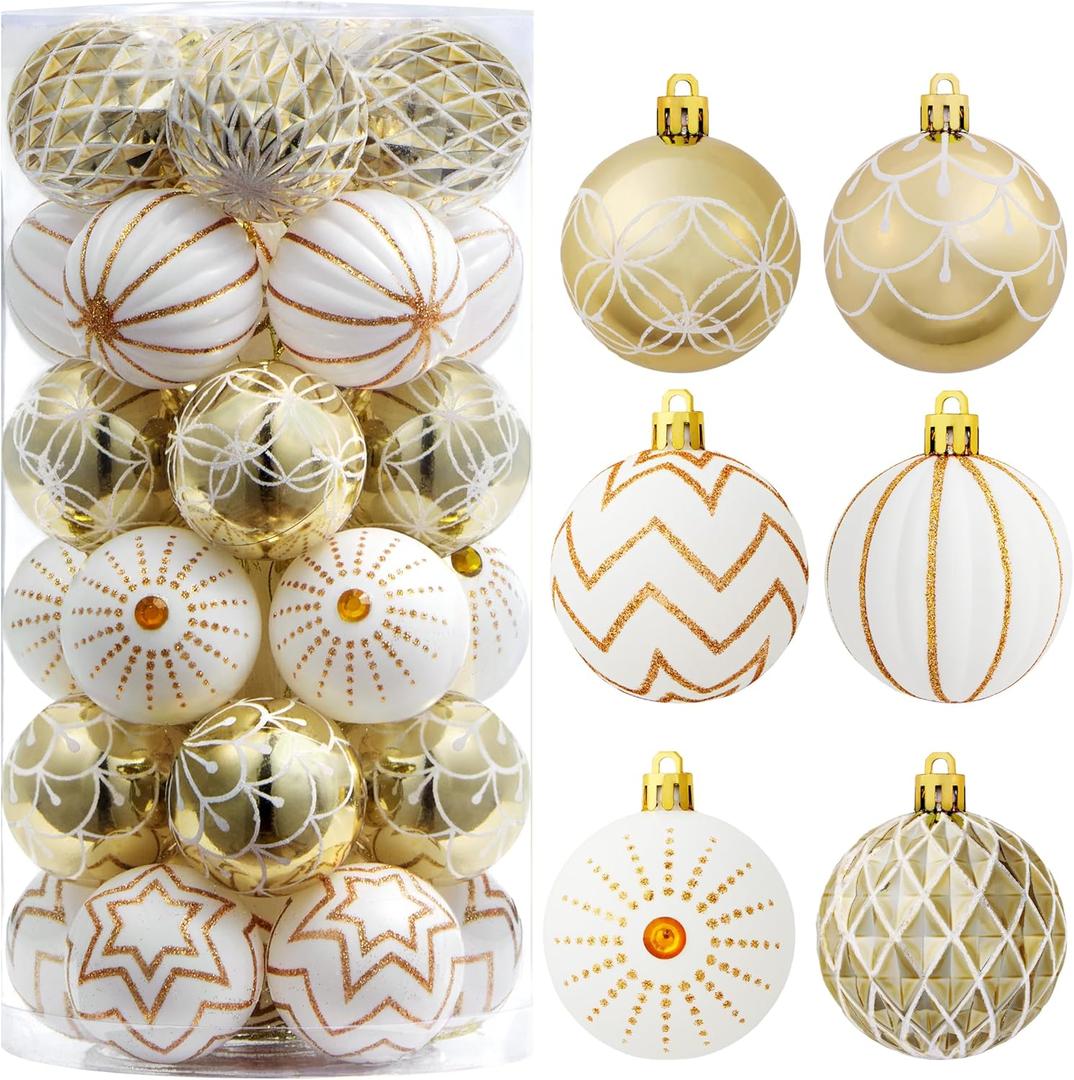 JOYIN 30 Pcs 2.36'' Christmas Balls Ornaments, Gold & White Assorted Christmas Hanging Ornaments, Shatterproof Balls Decor for Xmas Tree Wreath Garland Holiday Indoor Party