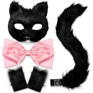 Cat Costume for Women - Therian Furry Mask, Bow, Paw Gloves, Long Tail - Fox Outfit Set for Halloween, Pack Of 5 Costumes
