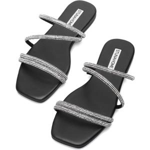 STUNAHOME Women's Rhinestone Thong Flat Sandals Open Toe Slide Sandals with Square Toe Bling Strap (7, Black)