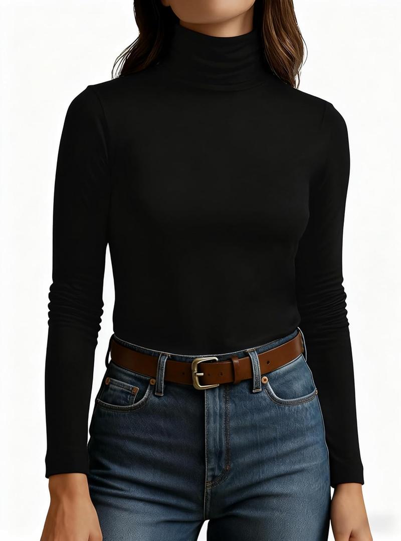 Women's Turtleneck Long Sleeve Shirts Slim Fitted Based Thermal Underwear Lightweight Active Shirt Fall Clothes 2025 (Medium, Black)