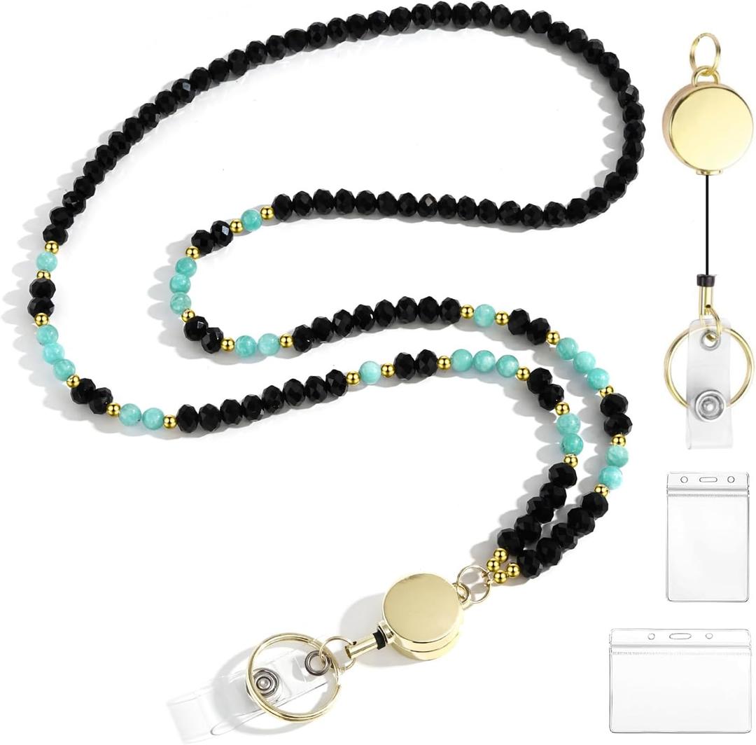 Lanyards for ID Badges for Women Cute, Teacher Lanyard for Women Retractable Natural Crystal Beaded Lanyards for Keys (Amazonite)