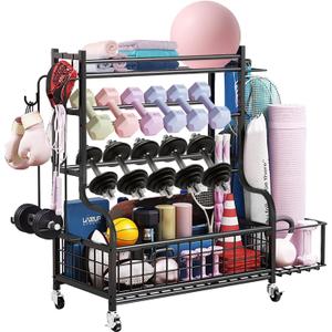 Dumbbell Rack, Weight Rack for Kettlebells, Storage Holder for Yoga and Workout Equipment, Home Gym Storage Rack with Wheels,Hooks and Mesh Top (280lb)